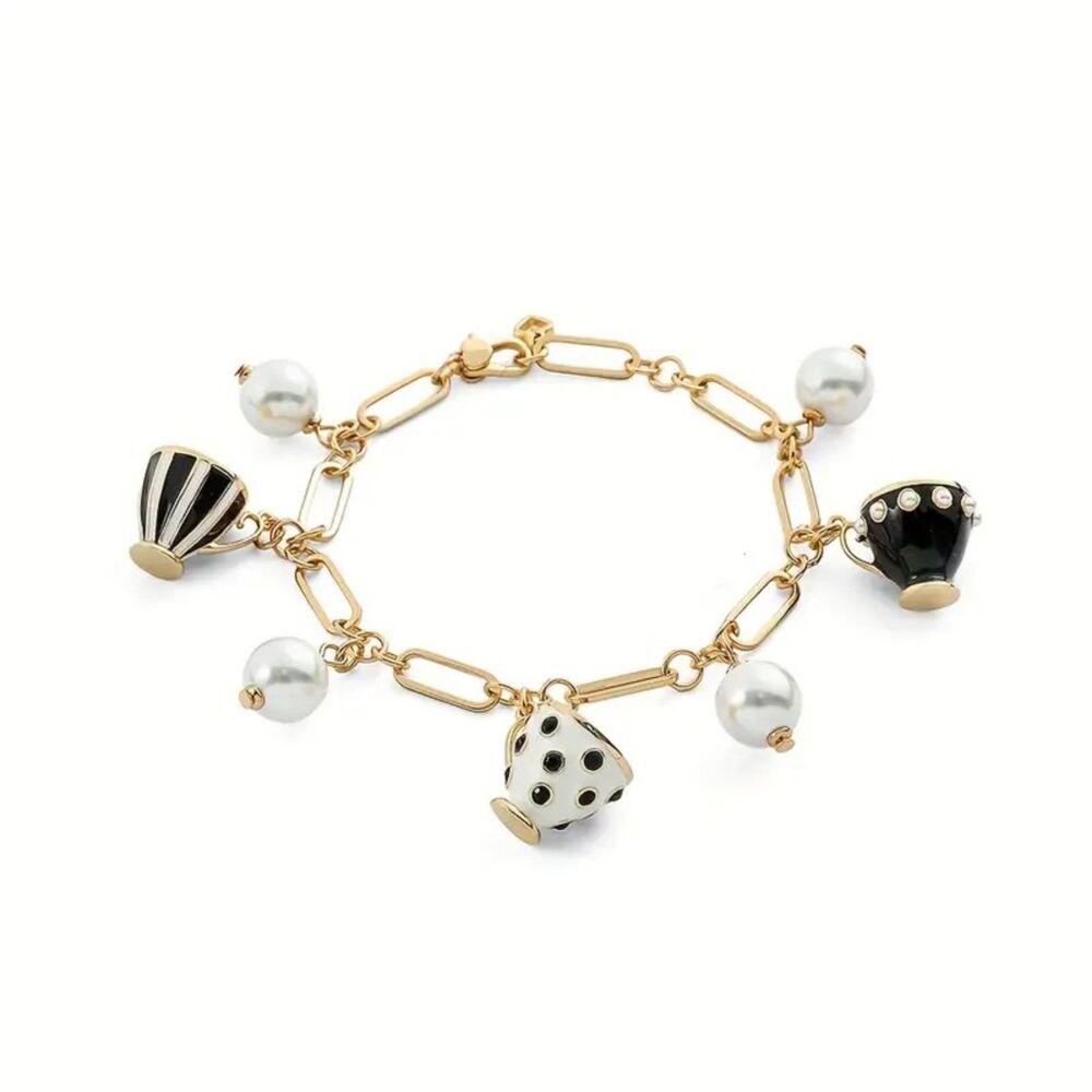 Alice in Wonderland Mad Hatter Tea Party Gold black and white bracelet